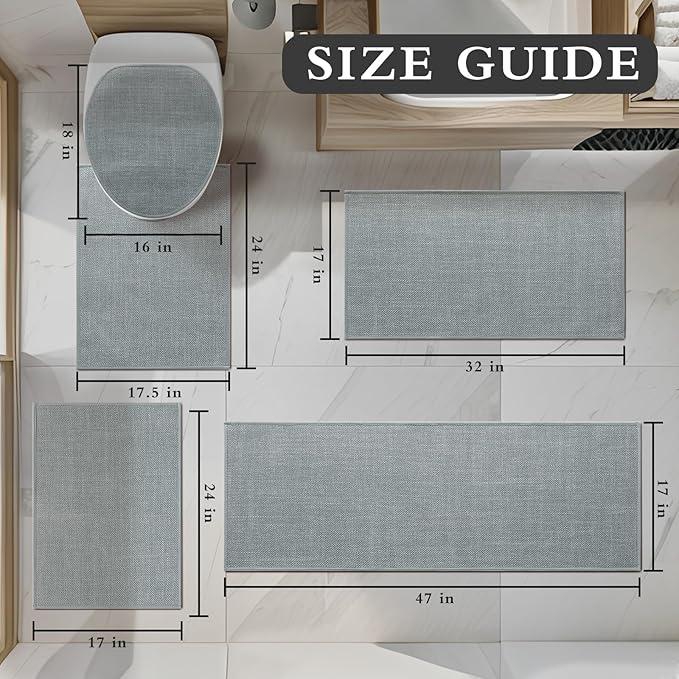 YIHOUSE Light Grey Bathroom Rugs Set 5 Piece, Absorbent Bath Mat for Bathroom Non Slip Washable, Bath Room Mat Quick Dry, Thin Bath Rug Set for Toilet and Floor