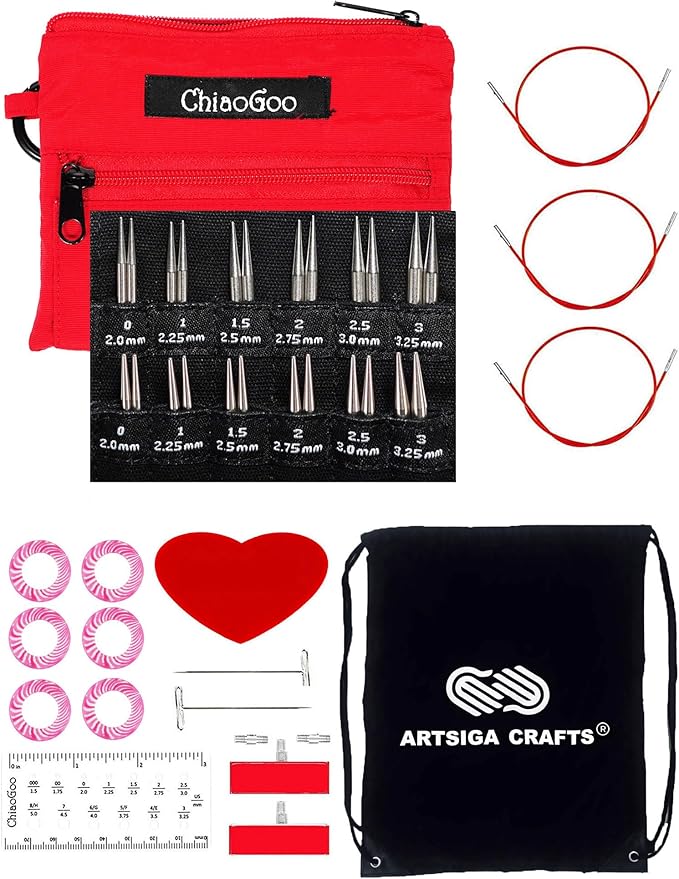 ChiaoGoo Twist Red Lace Shorties 2 & 3-Inch Small Red 7230-M Interchangeable Knitting Needle Set, 12-Pair Sizes US 0, 1, 1.5, 2, 2.5, 3, Stainless Steel, 3 Cords with 1 Project Bag