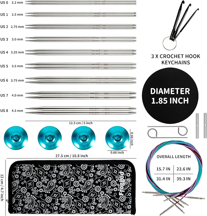 Froggod 5-Inch Aluminum Lace Interchangeable Circular Knitting Needle Set, Sizes US 0, 1, 2, 3, 4, 5, 6, 7, 8 Interchangeable Knitting Needles Lace-Tip with 4 Assorted Cables with Project Bag