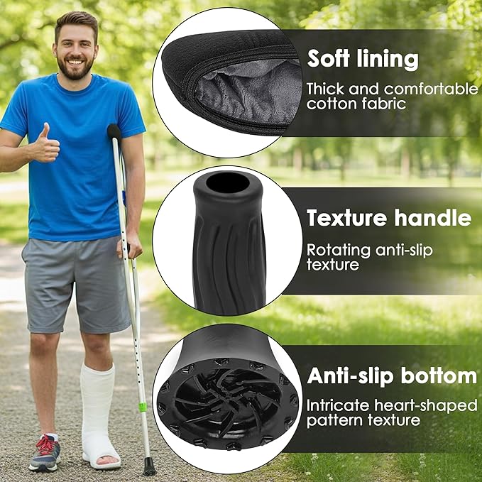 Soft Crutch Pads & Hand Grips/Tips - Comfort Set, Protection Covers, Walking Aid Accessories for Elderly & Young, Padded Support Pillow for Pain Relief (Black)