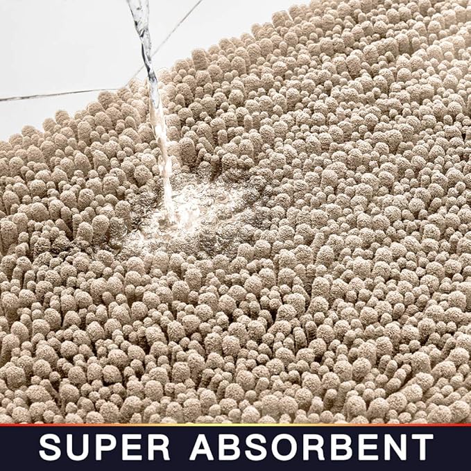 Walensee Large Bathroom Rug Non Slip Bath Mat (24x60 Inch Beige) Water Absorbent Super Soft Shaggy Chenille Machine Washable Dry Extra Thick Perfect Absorbant Best Plush Carpet for Shower Floor