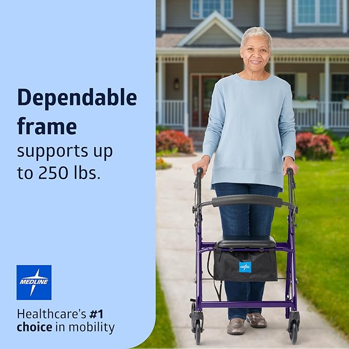 Medline Aluminum Rollator Walker with Seat, Purple, 250 lb. Weight Capacity, Lightweight, 6” Wheels, Foldable, Adjustable Handles, Rolling Walker for Seniors