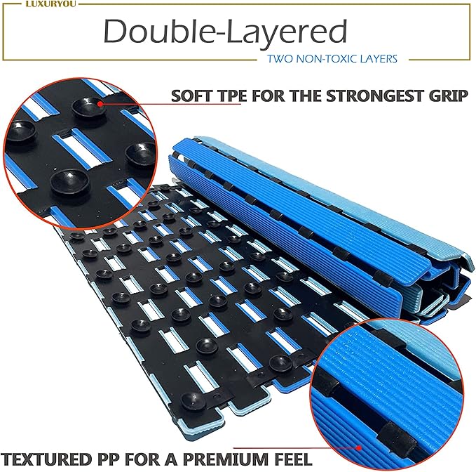 Non Slip Bathtub Mat | Double-Layered Shower Floor Mat with Suction Cups | EZ-Dry Construction | Non-Toxic, BPA, Latex, Phthalate, PVC Free (Wave)