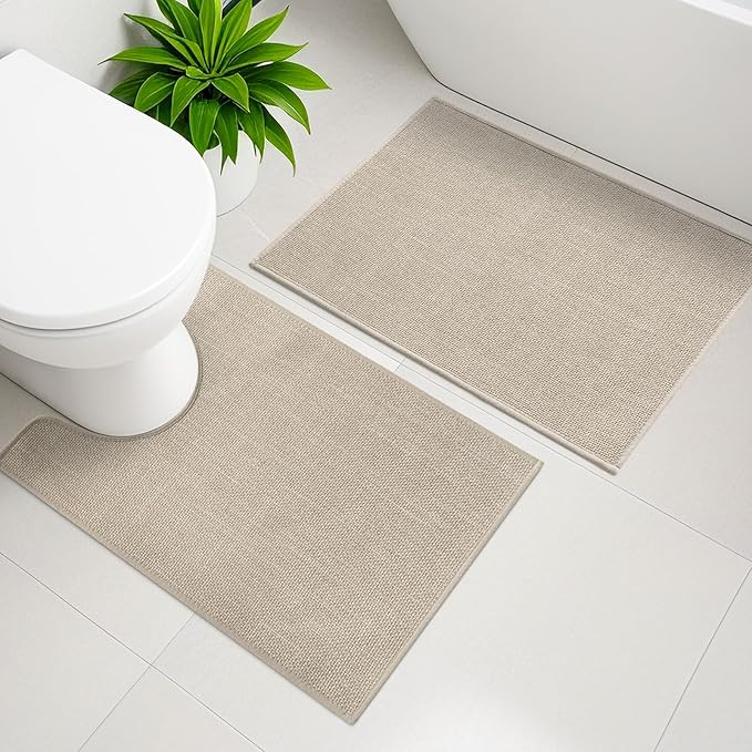 YIHOUSE Beige Bathroom Rug Sets 2 Piece, Bathroom Mat Quick Dry, Thin Bath Rug Set,Absorbent Bath Mat for Bathroom Non Slip Washable for Toilet and Floor(17.5"x24"U+17"x24")