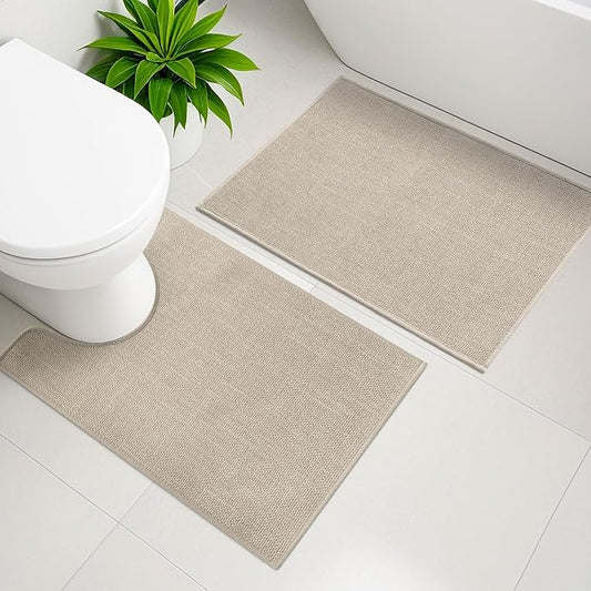 YIHOUSE Beige Bathroom Rug Sets 2 Piece, Bathroom Mat Quick Dry, Thin Bath Rug Set,Absorbent Bath Mat for Bathroom Non Slip Washable for Toilet and Floor(17.5"x24"U+17"x24")