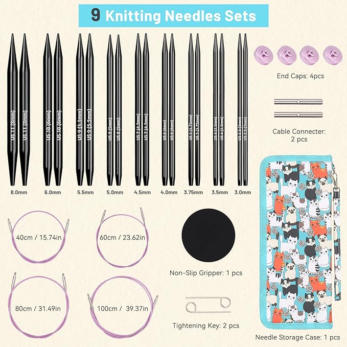 Aeelike Interchangeable Knitting Needles Set, 9 Pairs Circular Knitting Needles Aluminum (Size 3.0mm-8.0mm) with 4 Cables Accessories and Cute Storage Case for Socks Blankets Cushions, Ideal Gift
