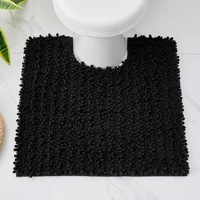 Toilet Rug 24x24 Non Slip Plush Bathroom Floor Mat U Shaped Washable Contour Rug for Toilet Absorbent Thick Foot Rug, Black