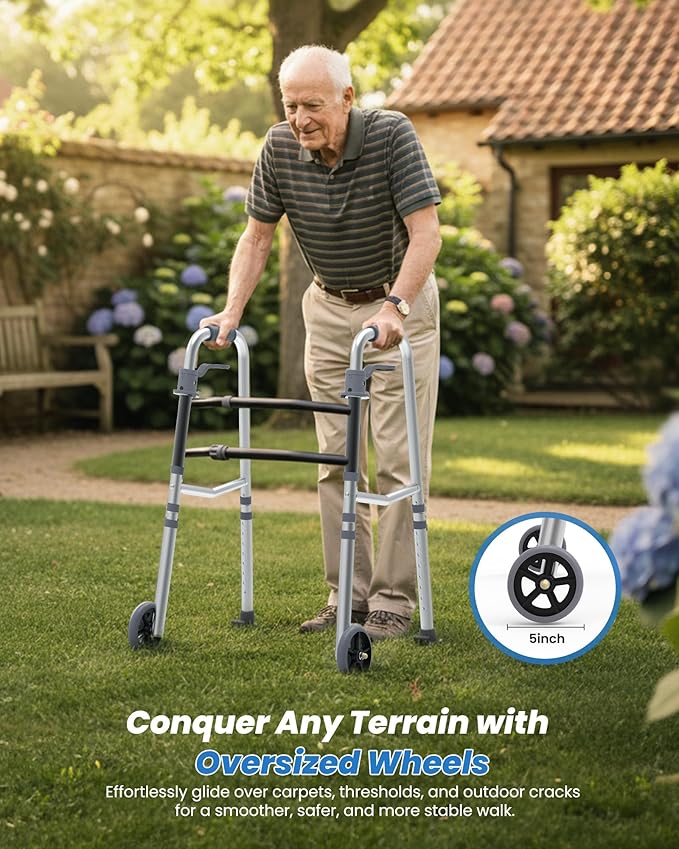 Folding Walkers for Seniors, Adjustable Width & Height, Standard Walkers with Basket, 2 Skis, 5” Front Wheels, Lightweight Walkers for Elderly & Disabled, Thickened Aluminum Adult Walker