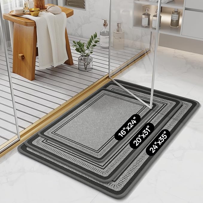 16"×24" Non Slip Bath Mat with Rubber Backing, Absorbent Quick Dry Bath Mats Washable, Low Pile Bathroom Rugs Fit Under Door for Bathroom Floor, Shower and Sink, Grey