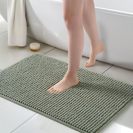 FRESHMINT Thick Chunky Chenille Bathroom Rugs 24"x36", Non Slip Bath Mat, Large Soft Bathroom Decor, Cute Shower Mat Water Absorbent, Washable, Sage Green