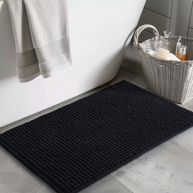 FRESHMINT Thick Chunky Chenille Bathroom Rugs 20"x32", Non Slip Bath Mat for Bathroom Floor, Large Soft Bathroom Decor Accessories, Cute Shower Mat Water Absorbent, Washable, Black