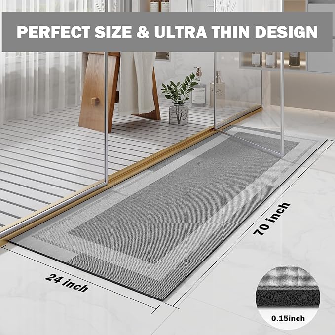 Extra Long Non Slip Bathroom Runner Bath Mat, Rubber Backing Ultra Thin Bath Rug Fit Under Door Quick Dry Super Absorbent Washable Shower Mat for Bathroom Floor Bathtub Sink, Grey 24"x70"