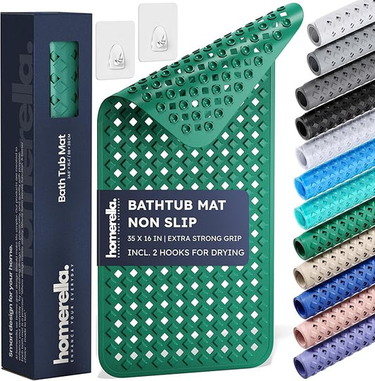 homerella® Bathtub Mat Non Slip 35x16, Incl. Hooks for Drying, Extra Long, 100% BPA Free, Shower Mat Non Slip Anti Mold, Machine Washable, Shower Mats for Inside Shower Mildew Resistant