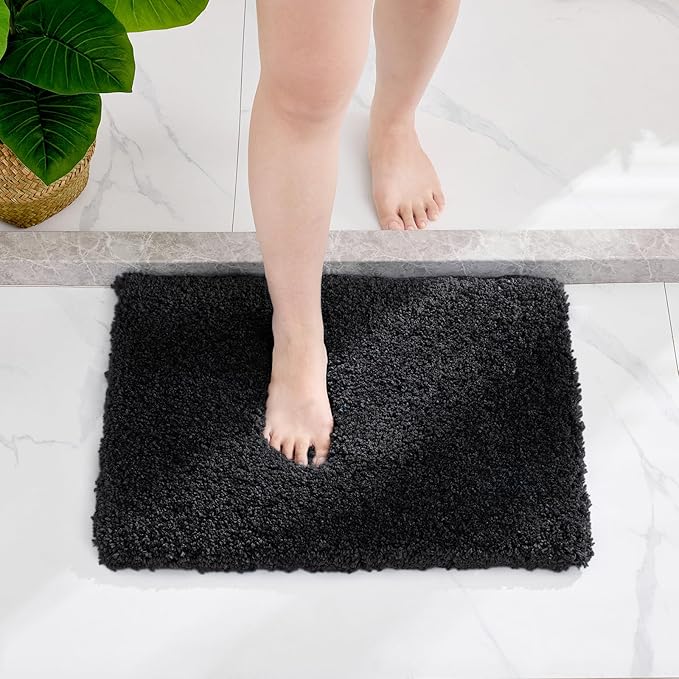 Small Bathroom Rug 17x24 Non Slip Black Fluffy Bath Mat for Bathroom Floor Washable Plush Luxury Bath Rug for Tub Soft Shaggy Shower Mat