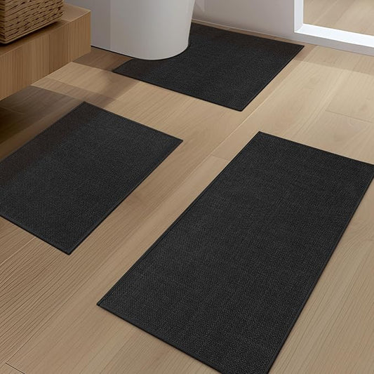 YIHOUSE Black Bathroom Rug Set, 3 Piece, Non Slip, Quick Dry, Thin Bath Mat for Bathroom and Kitchen