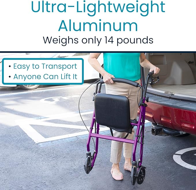 Vive Ultra Lightweight Rollator Walker with Seat - Foldable, Narrow, Rolling Senior Walker for Small Spaces - 4 Wheel Aluminum Adult Easy Drive Aid with Underseat Accessory - Weighs Only 14 Lbs