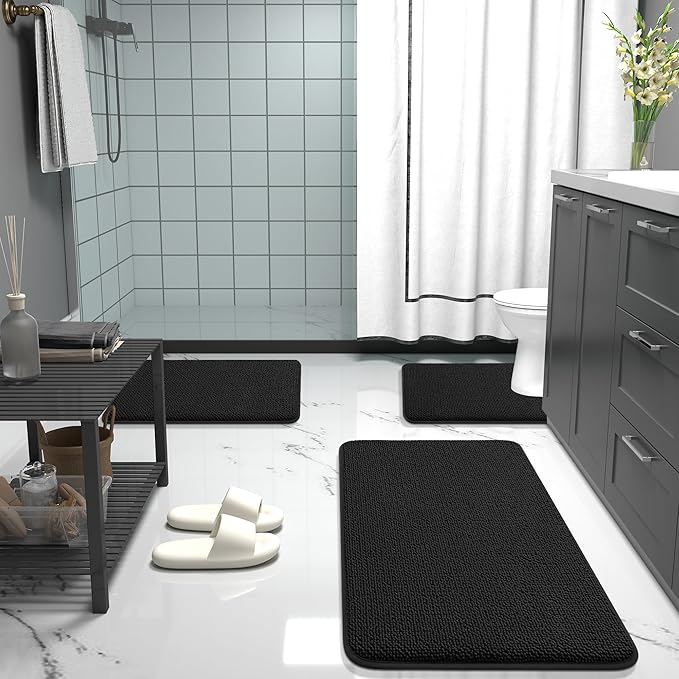 OLANLY Thick Memory Foam Bath Mat Rug 47x17, Extra Soft Absorbent Bathroom Rug, Quick Dry Bath Mats, Non-Slip, Machine Washable Carpet for Bathroom, Tub and Shower, Home Decor Accessories, Black