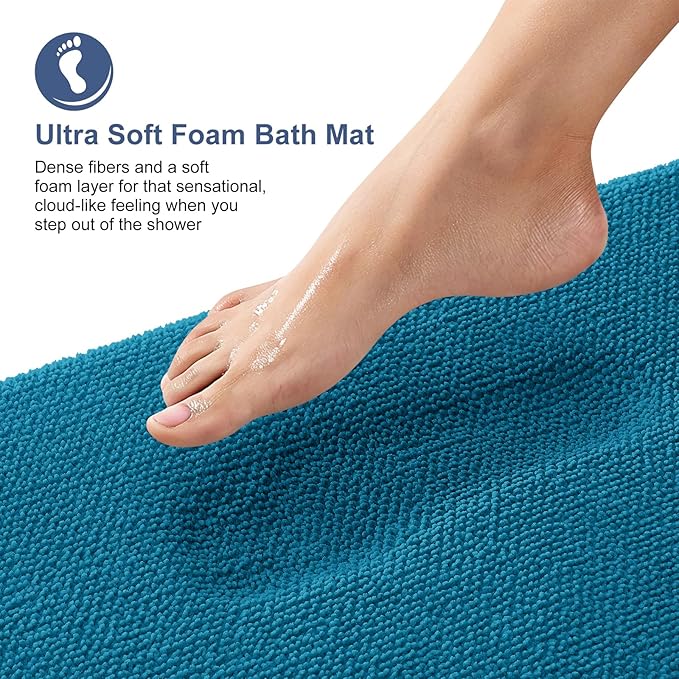 OLANLY Thick Memory Foam Bath Mat Rug 47x20, Extra Soft Absorbent Bathroom Rug, Quick Dry Bath Mat, Non-Slip, Machine Washable Carpet for Bathroom, Tub and Shower, Home Decor Accessories, Peacock Blue