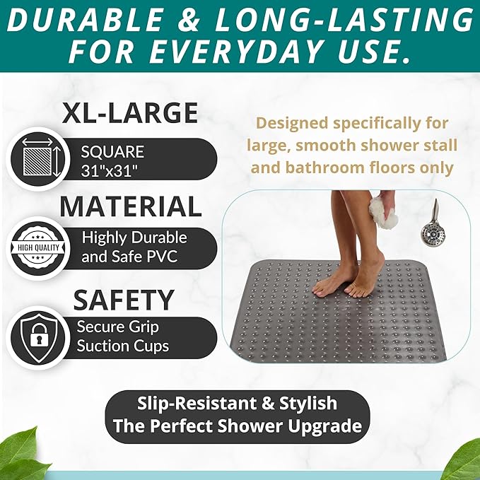 ENKOSI Extra Large Square Non Slip Shower Mat - 31 x 31-inch XL Bathroom Shower Mat - Square Shower Matts for Shower Stall Floors | Secure Suction Cups and Drain Holes (31x31 Clear Gray)