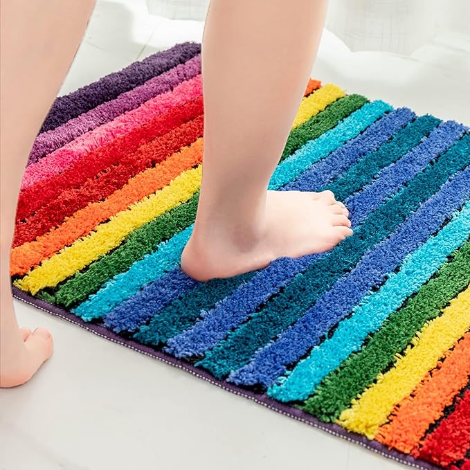 NIENLCIP Rainbow Bath Mat Colorful Striped Floor Bathroom Rugs Super Soft and Absorbent Microfiber Plush Bath Rugs with Non-Slip Backing for Bathroom Machine Washable 19"X27"