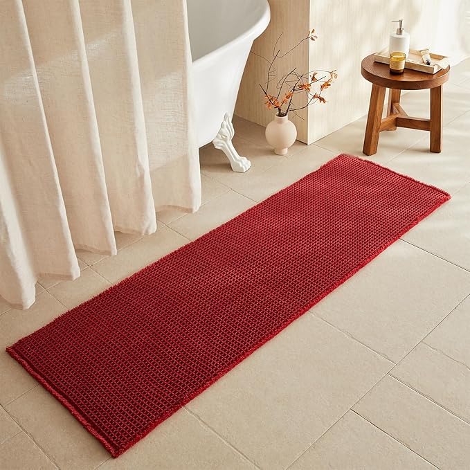 Waffle Runner Rug Bathroom, Long Boho Bathroom Rugs Non Slip Washable Super Absorbent Quick Dry Farmhouse Bath Decor, 72"x24" Burgundy