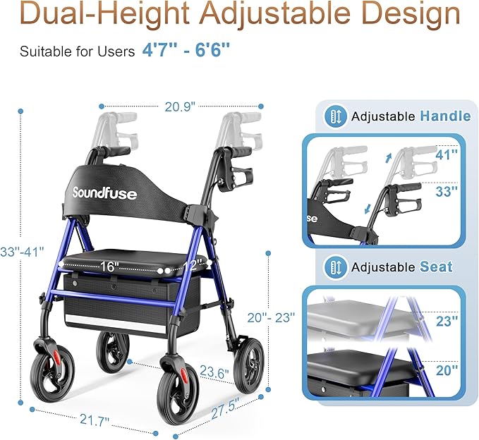 Rollator Walkers with Seat for Seniors, Foldable 8" Big Wheels All Terrain Rolling Walker, Handles and Ergonomic Seat Height Adjustable, 350lb Weight Capacity