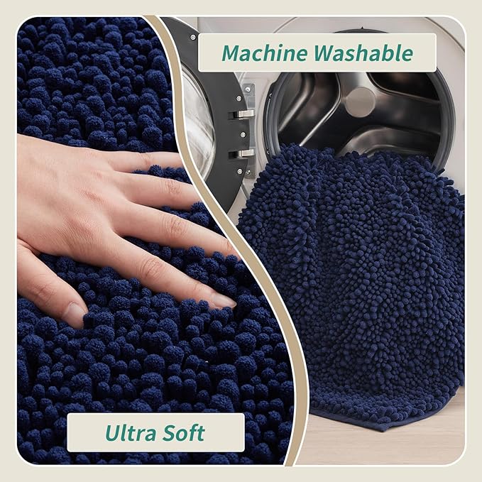 Bathroom Runner Rug 24x70 Non Slip Washable Long Bath Mat for Tub Thick Soft Absorbent Bathroom Floor Mat Large Chenille Bath Rug for Shower, Navy