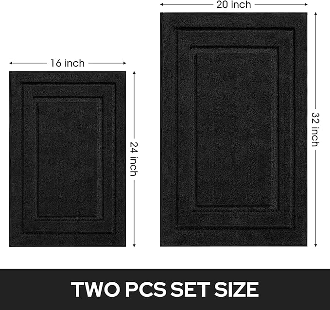 HOMEIDEAS Bathroom Rugs Sets 2 Piece, Super Soft and Absorbent Non Slip Microfiber Machine Washable Bath Mat Set (20" x 32" + 16" x 24", Black)