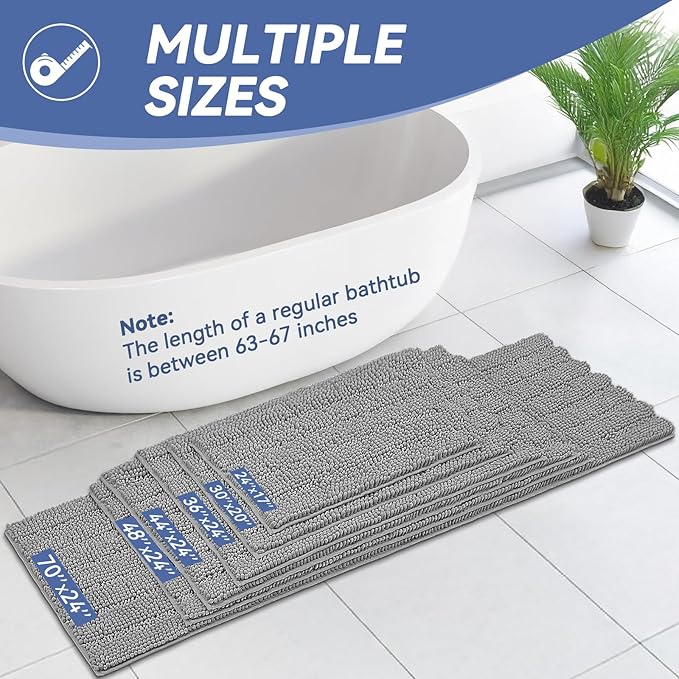 Bcoimo 70"×24" Chenille Bath Mat – Non-Slip with Backing Bath Rug Ultra-Absorbent and Machine Washable Bathroom Mat Quick-Dry Design. Ideal for Bathroom and Tub Areas