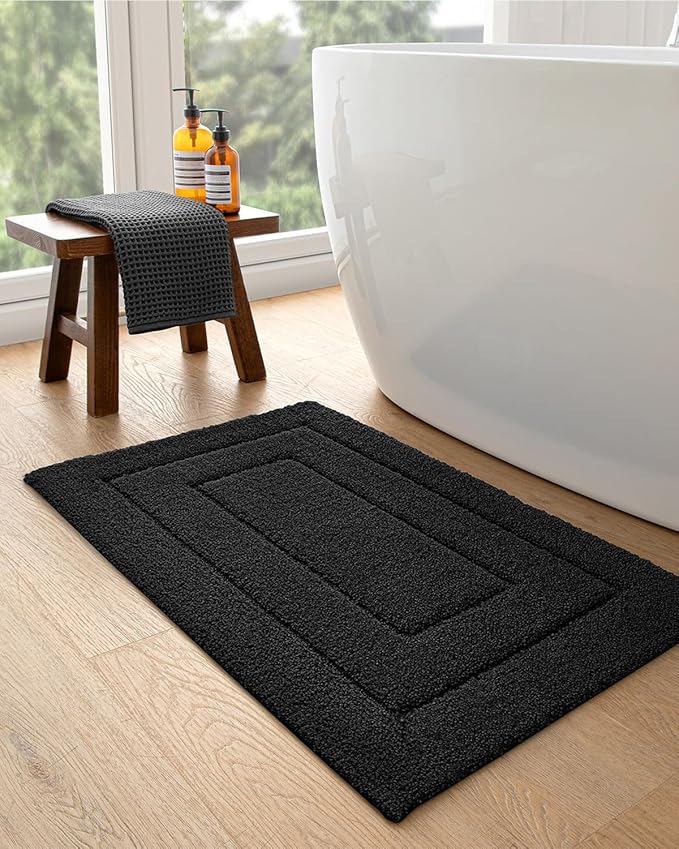 DEXI Bathroom Rug 24x16, Non Slip Washable Bath Mat for Shower Floor, Absorbent Soft Bathmat with Rubber Backing, Quick Dry Microfiber Carpet, Black
