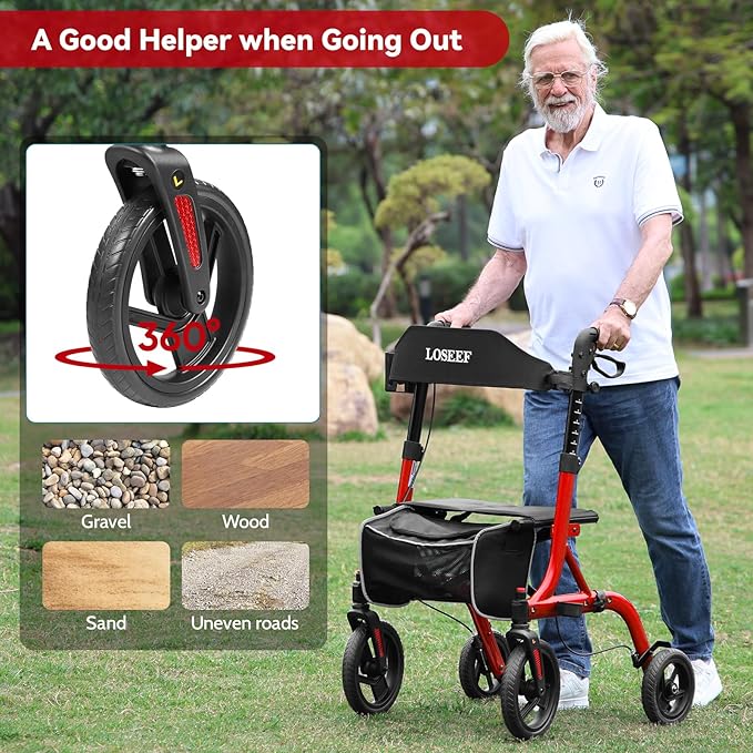 Rollator Walkers for Seniors, 10" Big Rubber Wheels All Terrain Rollator Walker with Adjustable Backrest and Handles, 350 Lbs, Cup Cane Holder, Foldable Lightweight Walker with Seat for Seniors Red
