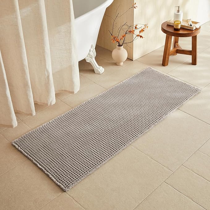Waffle Runner Rug Bathroom, Long Boho Bathroom Rugs Non Slip Washable Super Absorbent Quick Dry Farmhouse Bath Decor, 60"x24" Light Grey
