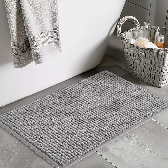 FRESHMINT Thick Chunky Chenille Bath Rugs 20"x32", Non Slip Bath Mat, Soft Bathroom Decor, Cute Shower Mat, Water Absorbent, Washable, Dove Gray