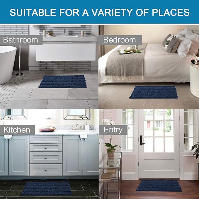 H.VERSAILTEX 2 Piece Bathroom Set - Super Absorbent Chenille Striped Bath Mats and Rugs - Non-Skid, Machine Washable Floor Mats (Navy, 24 x 36 Plus 20 x 32 Inches)