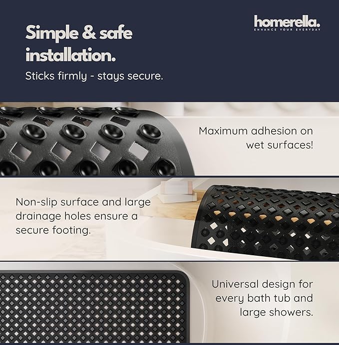 homerella® Bathtub Mat Non Slip 35x16, Incl. Hooks for Drying, Extra Long, 100% BPA Free, Shower Mat Non Slip Anti Mold, Machine Washable, Shower Mats for Inside Shower Mildew Resistant