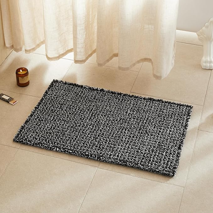 Black and White Bathroom Rugs, Waffle Bath Mat Non Slip Washable Super Absorbent Quick Dry Boho Farmhouse Bathroom Decor, 30"x20" Black and White