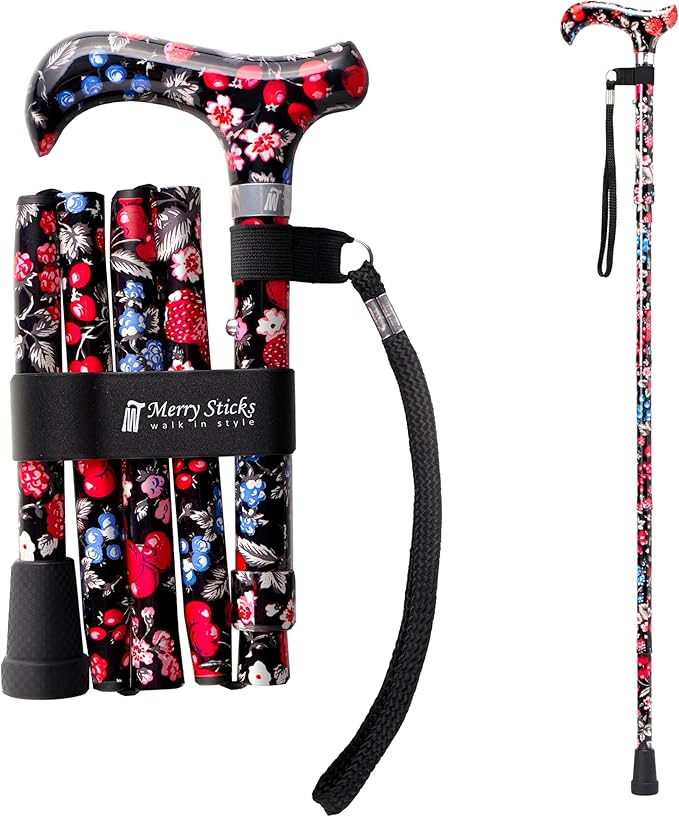 Merry Sticks Lightweight Foldable Walking Canes for Women and Men, Adjustable & Collapsible Walking Stick for Seniors, Balancing Mobility Aids, Ergonomic Handle & Wrist Strap - Berries