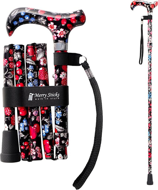 Merry Sticks Lightweight Foldable Walking Canes for Women and Men, Adjustable & Collapsible Walking Stick for Seniors, Balancing Mobility Aids, Ergonomic Handle & Wrist Strap - Berries