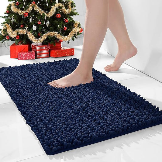 Small Bathroom Rug Non Slip Washable Navy Bath Mat 17x24 Super Absorbent Soft Bathroom Floor Mat Chenille Bath Rug for Shower Tub