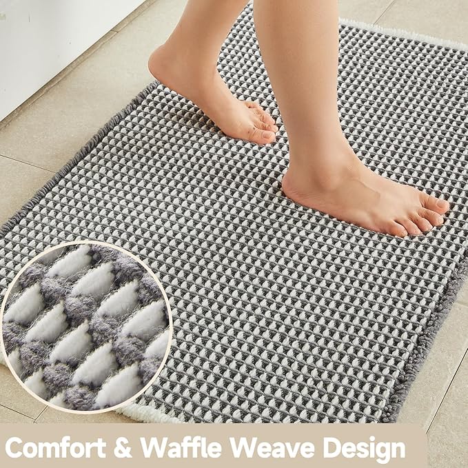 Waffle Bath Mat, Boho Bathroom Rugs Non Slip Washable Super Absorbent Quick Dry Bath Mat Farmhouse Bathroom Decor, 36"x24" Grey and White