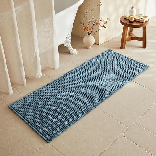 Waffle Runner Rug Bathroom, Long Boho Bathroom Rugs Non Slip Washable Super Absorbent Quick Dry Farmhouse Bath Decor, 60"x24" Denim Blue