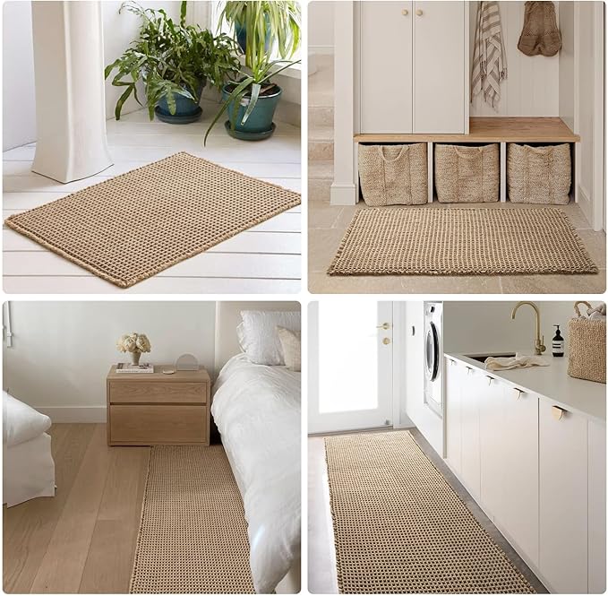 Waffle Bath Mat, Boho Bathroom Rugs Non Slip Washable Super Absorbent Quick Dry Bath Mat Farmhouse Bathroom Decor, 30"x20" Beige