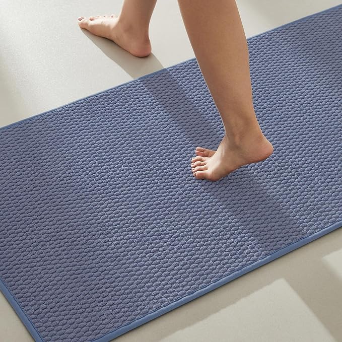 Bathroom Rugs Non Slip Washable, Super Absorbent Thin Bath Mat Quick Dry Low Pile Bathroom Rug, Denim Blue 20"x48"