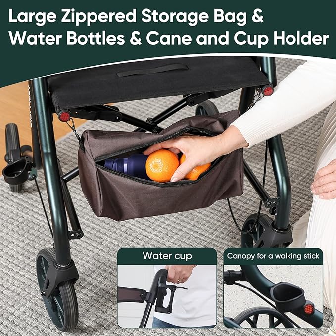 Titan Foldable Rollator Walkers with Seat, 7-Level Adjustable Handles Height, Reliable Parking & Braking System, Easy to Assemble and Use with Cane Holder & Storage Bag, 8" Big Wheels