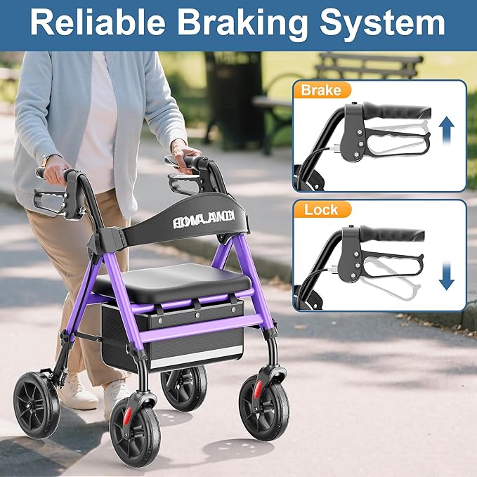 HOMLAND Rollator Walkers for Seniors with Seat, 8" All Terrain Wheels, Durable Aluminum Frame, Lightweight Foldable Walker with Ergonomic Seat, Height Adjustable Rolling Walker