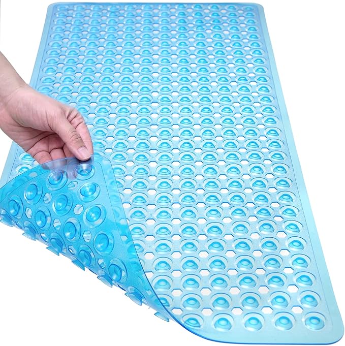 Linoows Non-Slip Bathtub and Shower Mats, Power Grip Bath Mat 35 x 16.3 Inch with Suction Cups and Drain Holes for Tub Bathroom Floor Safety, Machine Washable Soft Bathmat, Clear Blue