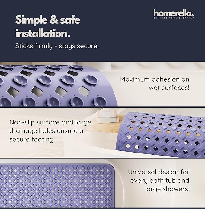 homerella® Bathtub Mat Non Slip 35x16, Incl. Hooks for Drying, Extra Long, 100% BPA Free, Shower Mat Non Slip Anti Mold, Machine Washable, Shower Mats for Inside Shower Mildew Resistant