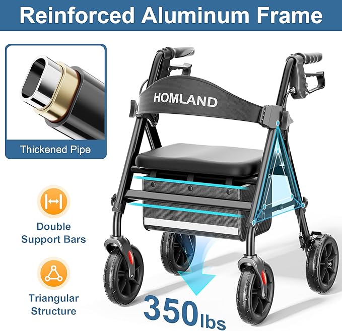 HOMLAND Rollator Walkers for Seniors with Seat, 8" All Terrain Wheels, Durable Aluminum Frame, Lightweight Foldable Walker with Ergonomic Seat, Height Adjustable Rolling Walker
