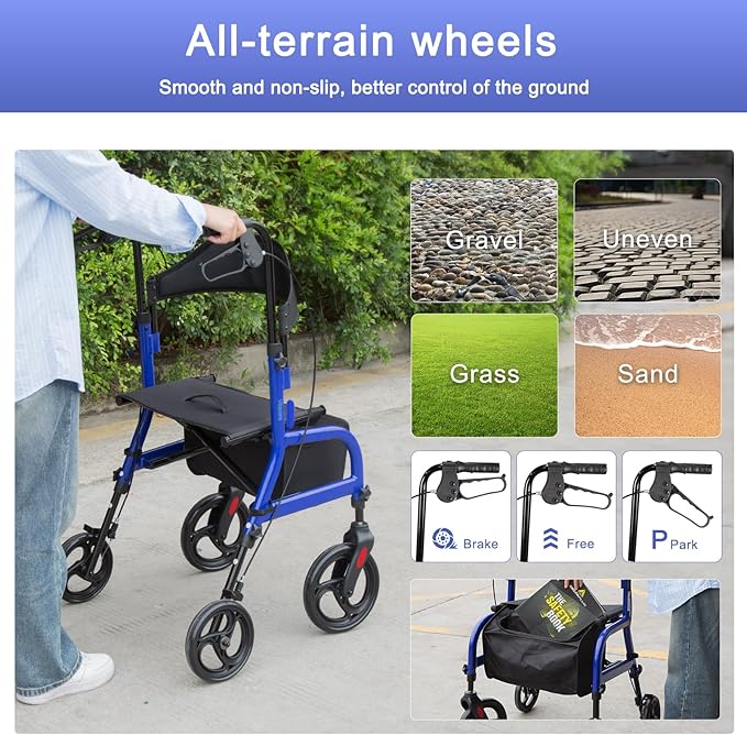 Rollator Walkers for Seniors, Foldable Rollator Walkers with Seat, 300 lbs Capacity Rolling Walker with Storage Bag, Adjustable Height, Lightweight Walker for Mobility Impaired, for Home/Travel (Blue)