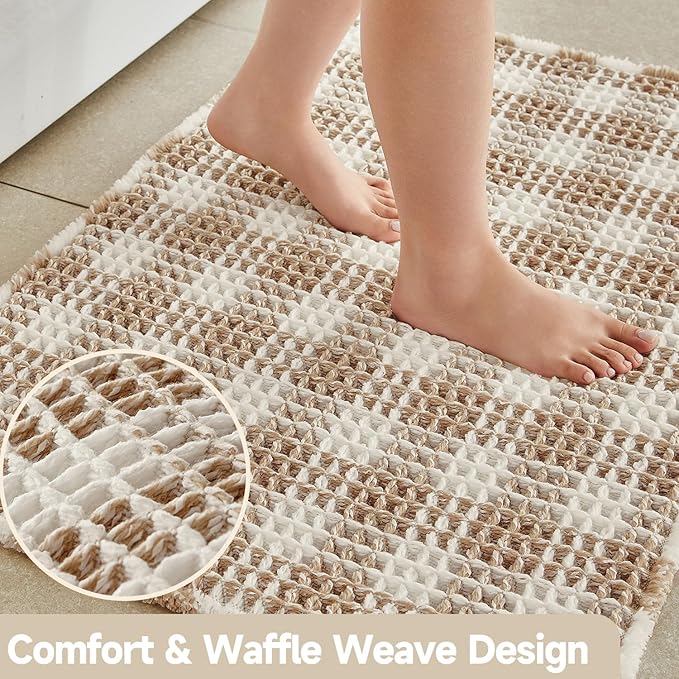 Waffle Bath Mat, Boho Bathroom Rugs Non Slip Washable Absorbent Checkered Bathroom Mat Quick Dry Farmhouse Bathroom Decor, 48"x24" Khaki and White